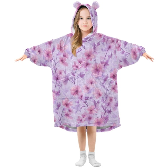 Wild Flowers Lavender Pink Flannel Wearable Blankets Hooded Design Long Sleeves Wrap Unisex for 3T-14Y M