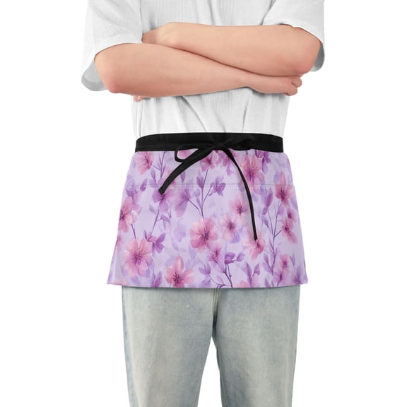Wild Flowers Lavender Pink Short Server Apron with 3 Pockets for Unisex Chef Gardening
