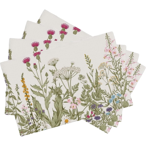 Wild Flowers Placemats Set of 4,Vintage Floral Plant 12x18 Inch Non-Slip Washable Heat Resistant Linen Fabric Table Mats,Place Mats for Holiday Party