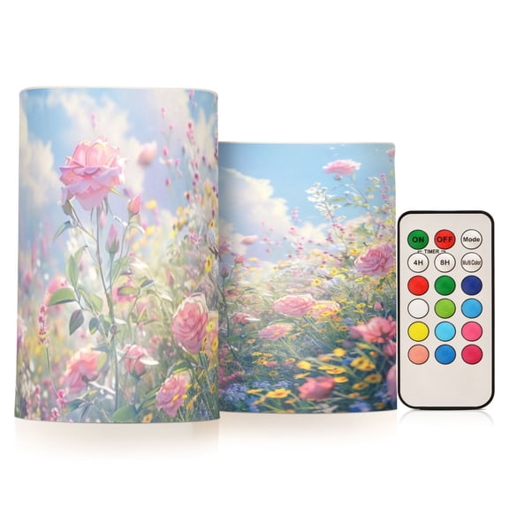 Wild Flowers Rose Bush Flickering Flameless Candles Battery Operated with Remote Timer LED Pillar Candles Set of 2