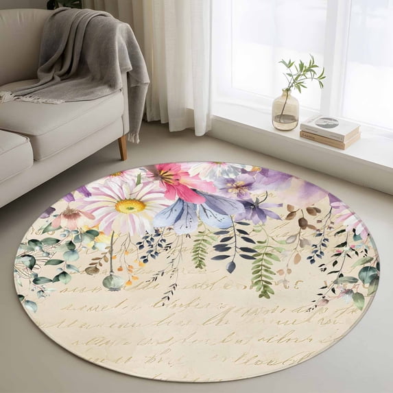 Wild Flowers Round Area Rug 3.3Ft Washable Circle Rugs for Dining Room Table, Vintage Country Floral Leaf Plant Beige Non-Slip Carpet Floor Mats Indoor Outdoor Carpet Runner Aesthetic Home Decor