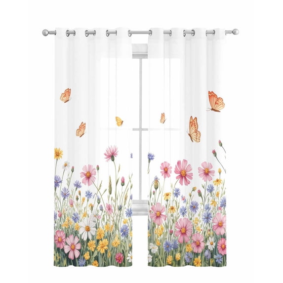 Wild Flowers Sheer Curtains 84 Inch Length 2 Panels Set for Living Room/Bedroom, Spring Butterfly Watercolor Country Floral Kitchen Curtains Grommet Semi-Sheer Curtains Window Treatments 42"x84"x2