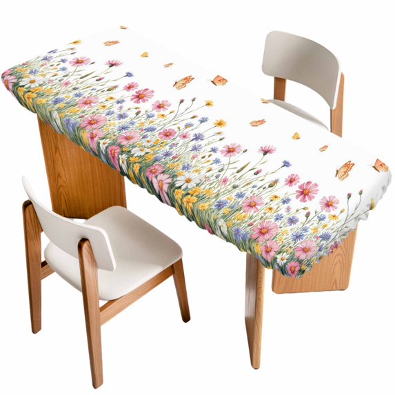 Wild Flowers Table Cloths for 8 Foot Rectangle Tables, Spring Butterfly Watercolor Country Floral Patio Waterproof Elastic Fitted Tablecloths, Washable Rectangular Table Cover for Camping