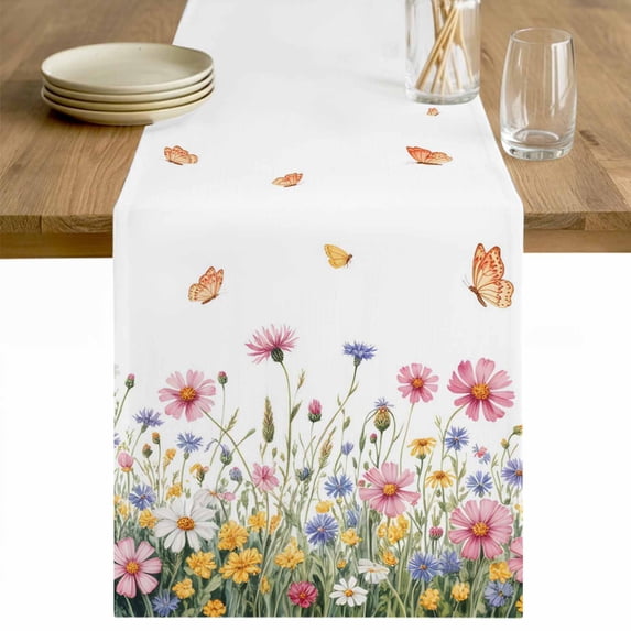 Wild Flowers Table Runner 70 Inches Long Farmhouse Dress Scarves, Spring Butterfly Watercolor Country Floral Dining Tablerunner for Coffee Table/Kitchen Island/Party Décor, 13" x 70"