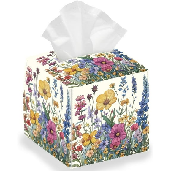 Wild Flowers Tissue Box Holder Vintage Floral Square Tissue Box Cover Foldable Tissue Storage Box Waterproof Paper Towel Case Container Organizer Tissue Box Holder for Bedroom Office Car