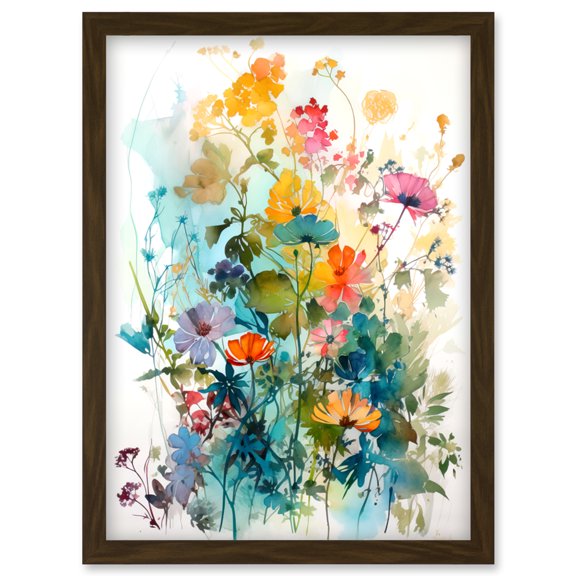 Wild Flowers Watercolour Painting Rainbow Colour Bright Floral Spring Field Artwork Framed Wall Art Print A4
