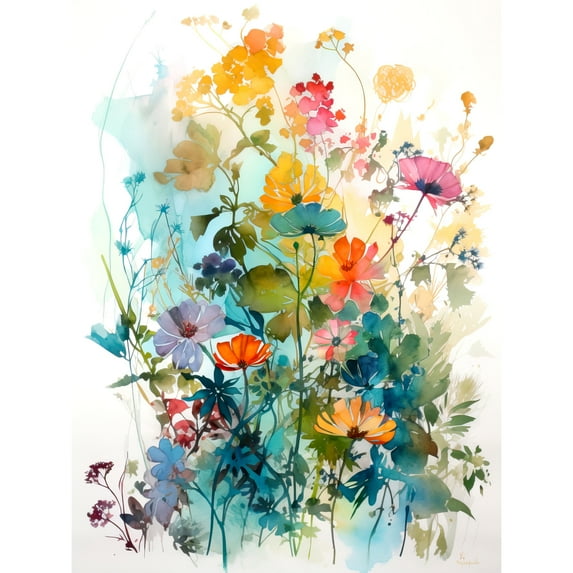 Wild Flowers Watercolour Painting Rainbow Colour Bright Floral Spring Field Large Wall Art Poster Print Thick Paper 18X24 Inch