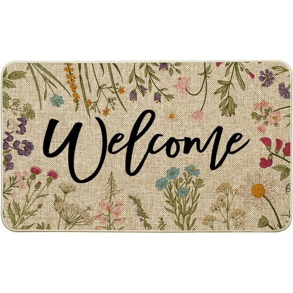 Wild Flowers Welcome Spring Doormat, Seasonal Summer Home Decor Low-Profile Switch Rug Door Mat Floor Mat for Indoor Outdoor 17x29 Inch