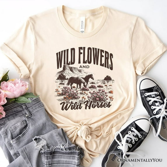 Wild Flowers and Wild Horses T-Shirt, Retro Western White and Natural Tee for Free-Spirited Women