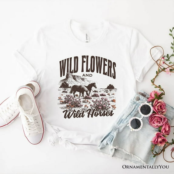 Wild Flowers and Wild Horses T-Shirt, Retro Western White and Natural Tee for Free-Spirited Women