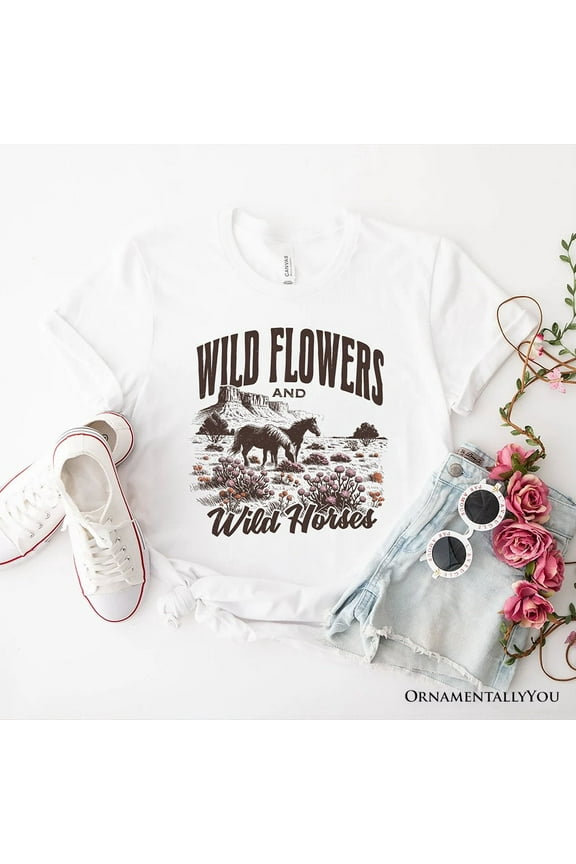 Wild Flowers and Wild Horses T-Shirt, Retro Western White and Natural Tee for Free-Spirited Women