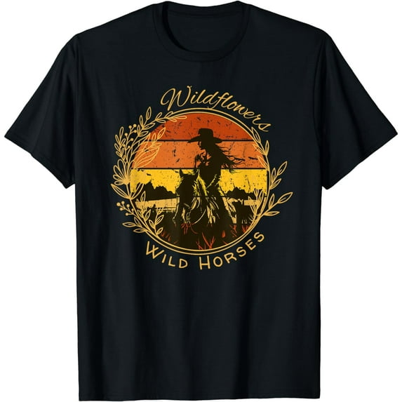 Wild Flowers and Wild Horses Vintage Sunset Country Cowgirl T-Shirt