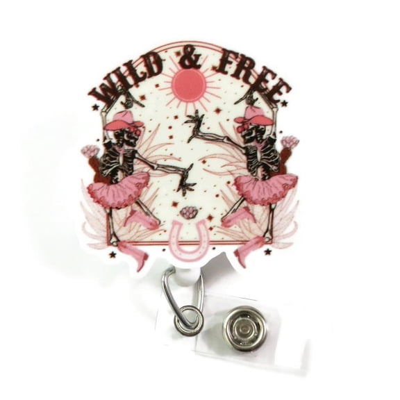 Wild & Free Cowboy Skeletons Badge Reel, Western Flair Badge Clip, Cowboy Cowgirl ID Badge Holder