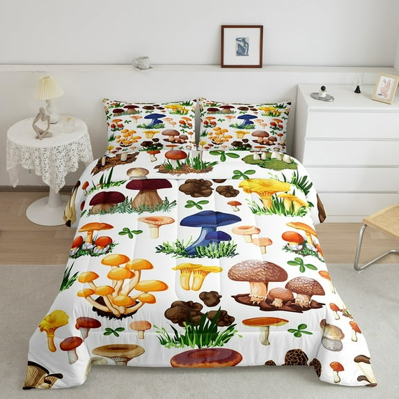 Wild Fungus Bedding Set Full Brown Mushroom Comforter Set, Navy Blue Orange Plants Duvet Insert Tropical Botanical Quilt Set, Green Grass Bedding Comforters & Sets Cartoon Room Decor Breathable