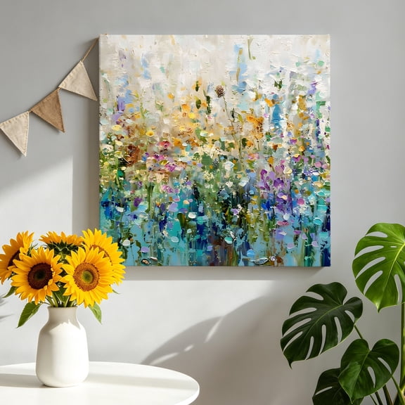 Wild Garden Canvas Wall Art, Rustic Yellow Teal Floral Impressionist Landscape Framed Canvas Wall Decor Picture Print Artwork Decorations for Living Room Office Ready to Hang 8" x 8"