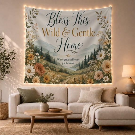 Wild & Gentle Text in a Serene Mountain Valley with Wildflowers, Calming Farmhouse for Nature Lovers, Botanical Wall Decor, Housewarming Gift Tapestry Wall Hanging for Bedroom and Living Room