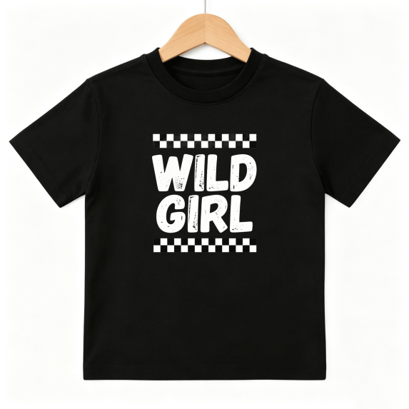 Wild Girl Girls Graphic Tee, Retro Checkered Flag Racing Skater 100% Cotton Kids Short Sleeve T-Shirt