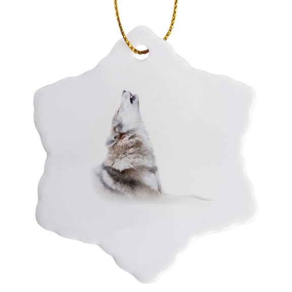 3drose, Wild Grey Wolf Howls. White Background. Cold Winter. Animal Portrait, 3 inch Snowflake Porcelain Ornament