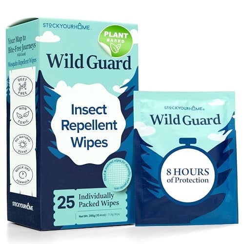 Wild Guard Mosquito Repellent Wipes (25 Pack), DEET Free Insect Repellent, Individually Wrapped Bug Wipes for Kids and Family, Travel Size for Camping, Hiking and Beach, 8 Hour Protection