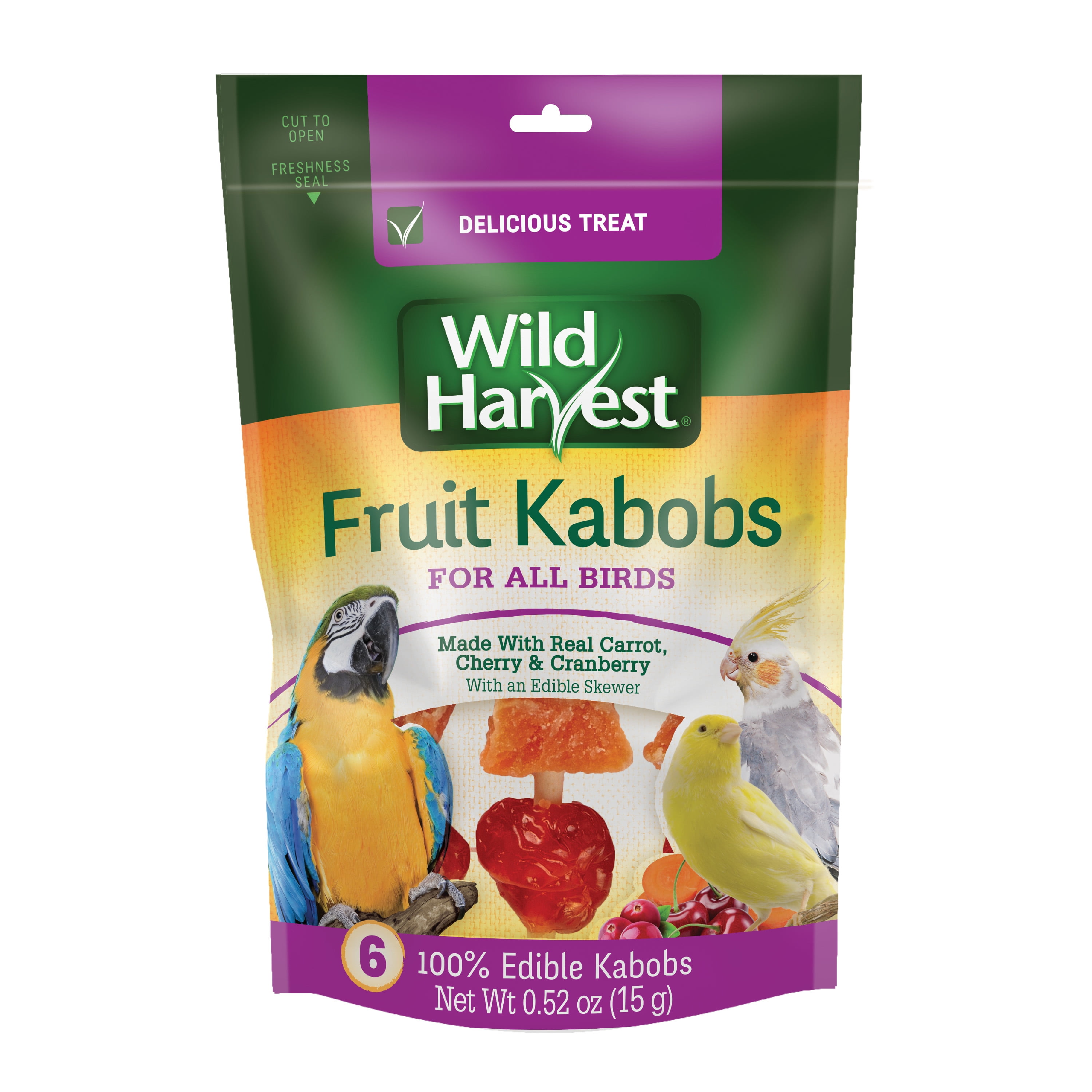 Wild Harvest Fruit Kabobs, Treats for Birds - 6 Count, with Real Carrot, Cherry and Cranberry
