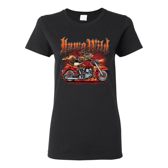Wild Hawg Bike Motorcycle Flaming Cars and Trucks Womens Graphic T-Shirt, Black, Small