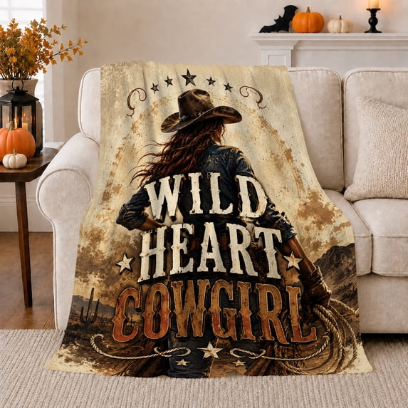 Wild Heart Cowgirl Western Ranch Scene, Peaceful Mountain Lake Scene, Warm Flannel Blanket for Cabin and Lodge, Outdoor Lovers Thanksgiving Gift, Artistic Home Decor