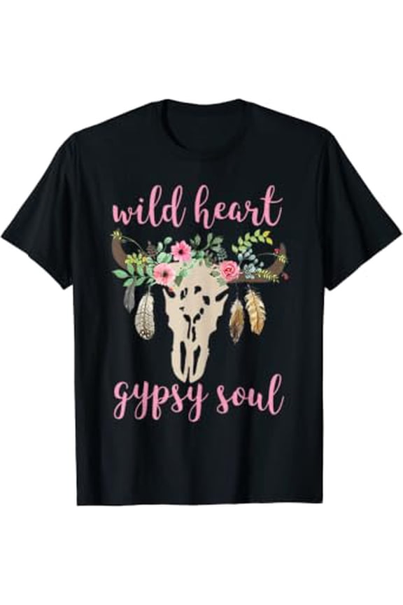 Wild Heart Gypsy Soul Shirt Bohemian Hippie Rustic Cow Skull T-Shirt