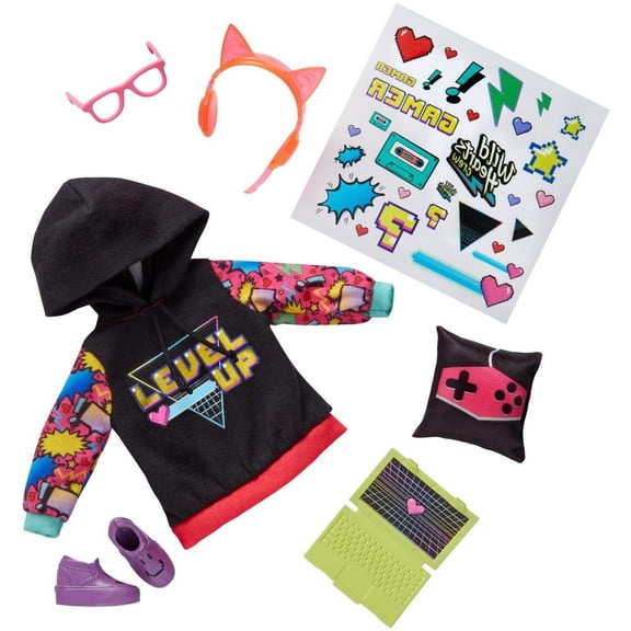 Wild Hearts Crew, Good to Game! Themed Fashion Doll Accessory Pack (8-Piece) with Temporary Tattoo Sheet, Includes Hoodie Top, Laptop, Gamer Pillow, and More