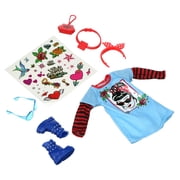 Wild Hearts Crew, Retro Hero! Themed Fashion Doll Accessory Pack (8-Piece) with Temporary Tattoo Sheet, Includes Vintage Dress T-Shirt, Boots, Coin Purse, and More