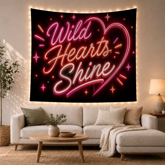 Wild Hearts Shine Neon Script in Heart, Romantic Digital Art for Women, Aesthetic Wall Decor, Valentine's Day Gift, Tapestry Wall Hanging for Bedroom, Living Room and Dorm