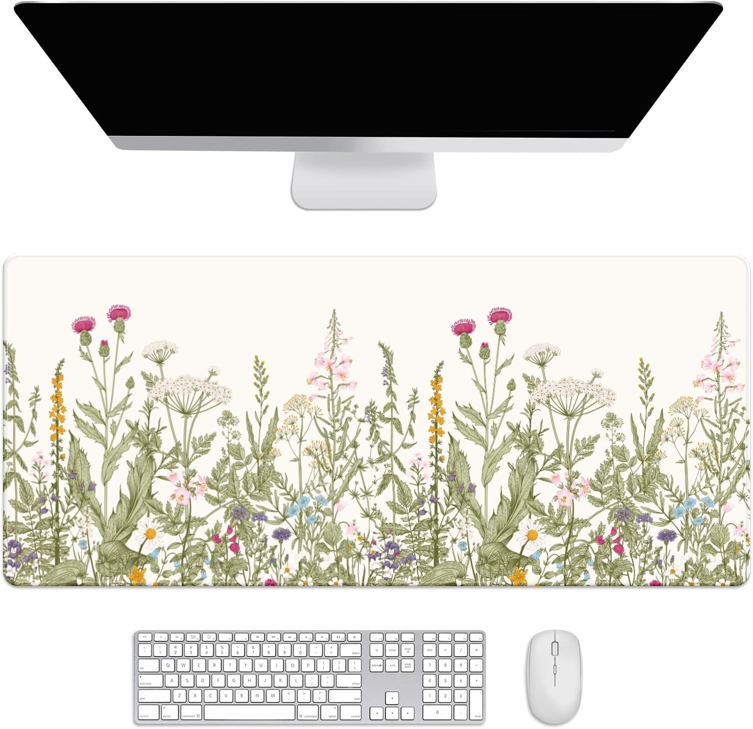 Wild Herbs Floral Desk Mat, Desk Accessory, Cute Workspace, Trendy Workspace, Trendy, 35.4x15.7in Large Gaming Mouse Pad, Cute Desk Topper, Pretty Desk Pad