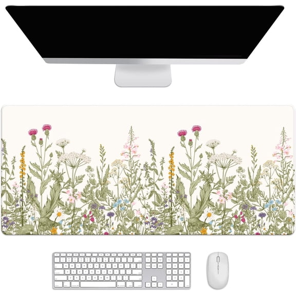 Wild Herbs Floral Desk Mat, Desk Accessory, Cute Workspace, Trendy Workspace, Trendy, 35.4x15.7in Large Gaming Mouse Pad, Cute Desk Topper, Pretty Desk Pad