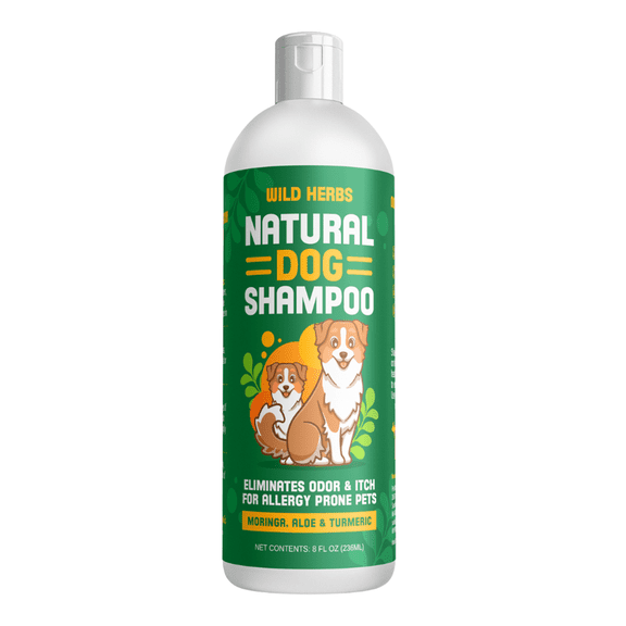 Wild Herbs Natural Dog Shampoo for Allergy, Reduces allergy and itches, Contains Moringa, Aloe, and Turmeric, No Parabens, Chlorides, Alcohol, or Synthetics, Herbal solution, 8 fl oz.