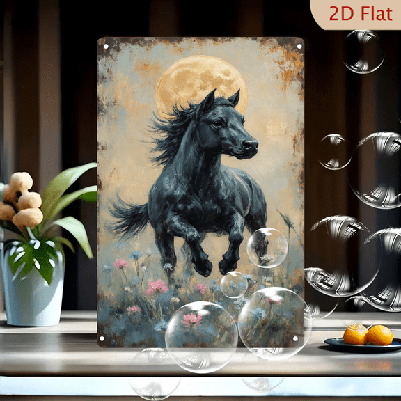 Wild Horse Galloping Under Full Moon Rustic Wall Art, 8x12 Inch Metal Tin Sign with Wildflowers, Vintage Farmhouse Decor for Living Room Bedroom Office