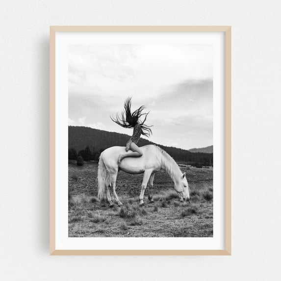 Wild Horse Girl - Photography Black and White Horse Surrealism Nature Landscape Rural Art Deco Oak Framed Wall Art Print 11 x 14 inches