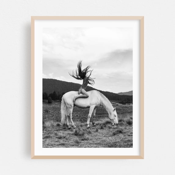 Wild Horse Girl - Photography Black and White Horse Surrealism Nature Landscape Rural Art Deco Oak Framed Wall Art Print 12 x 16 inches