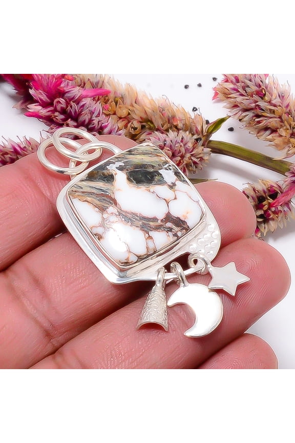 Wild Horse Jasper - Arizona Designer Handmade Pandent With Charm 925 Sterling Silver Pendant 1.95" Sku43, White Pendant, Natural Gemstone Pendant