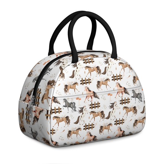 Wild Horse Pattern Insulated Lunch Box for Adults - Retro Rural Design Lunch Bag with Front Pocket, Dual Zipper Closure & Leakproof Lining (Women/Men)