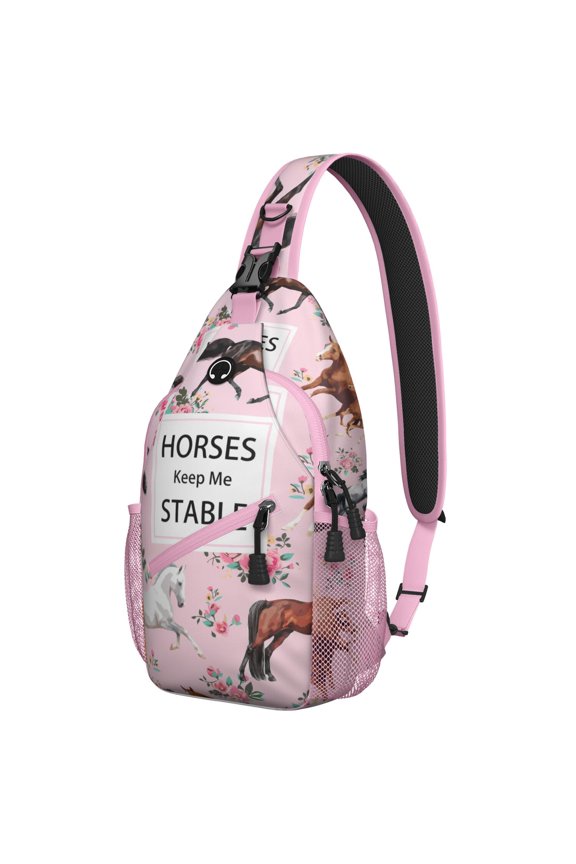 Wild Horse Pattern Sling Backpack, Artistic Rural Horse and Farm Animal Print Crossbody Bag, Flower and Nature Inspired Design for Riders