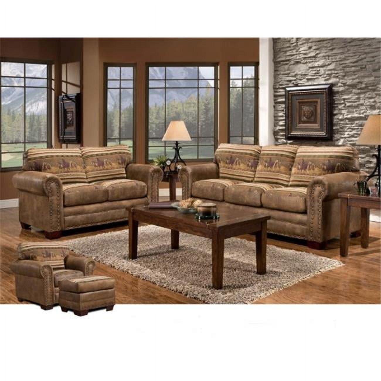 Rustic Brown Microfiber and Tapestry 4-Piece Sofa Set