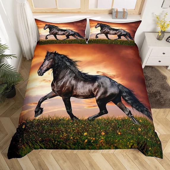 Wild Horses Duvet Cover Black Horse Teens Comforter Cover Animal Pattern Bedding Horse Printed Decor Quilt Cover for Adult Kids Cowboy Unique Exotic Style Bedspread Cover Sunset Duvet Cover