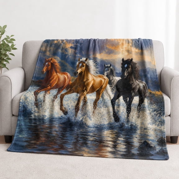 Wild Horses Running Horse River Print Fleece Throw Blanket, Soft 280 Gsm Polyester, Western Farmhouse Decor for Couch, Sofa & Bed