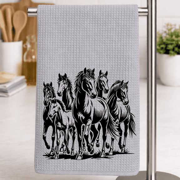 Wild Horses Kitchen Towel Gray Waffle Weave 16x24