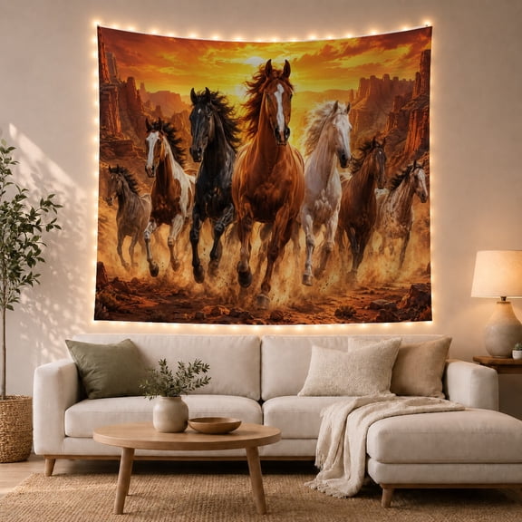 Wild Horses Running Through Desert Dust, Adventurous Rustic Style for Horse Lovers, Horse Wall Art, Father's Day Gift, Tapestry Wall Hanging for Cabin and Living Room