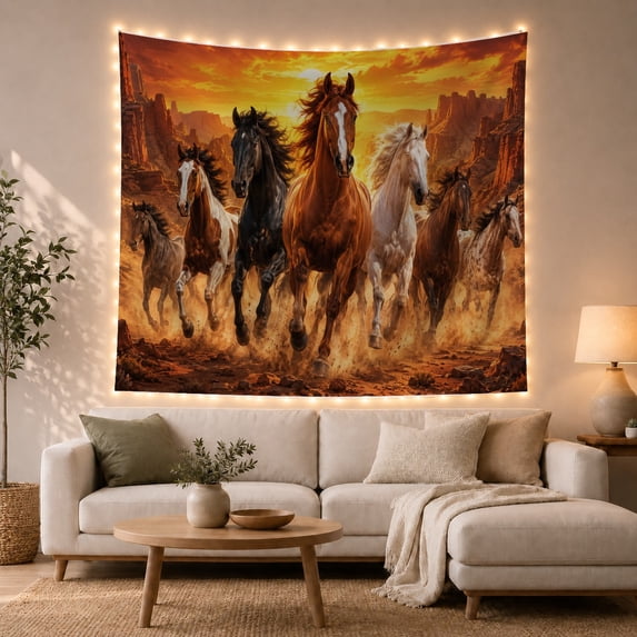 Wild Horses Running Through Desert Dust, Adventurous Rustic Style for Horse Lovers, Horse Wall Art, Father's Day Gift, Tapestry Wall Hanging for Cabin and Living Room