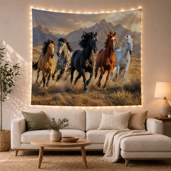 Wild Horses Running Below Mountain Peaks, Adventurous Rustic Style for Horse Lovers, Horse Wall Art, Father's Day Gift, Tapestry Wall Hanging for Cabin and Living Room