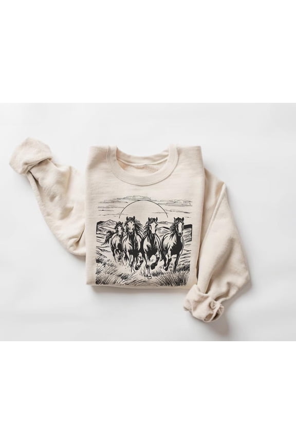 Wild Horses Sweatshirt, Western Landscape Pullover, Horse Lover, Rustic Equestrian Crewneck, Country Sweater553 Sweatshirt All Size S-5XL