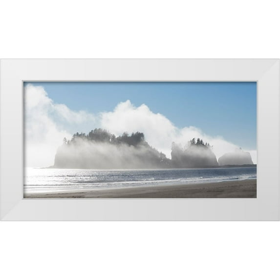 Wild, Jamie and Judy 18x11 White Modern Wood Framed Museum Art Print Titled - Washington State-Pacific Coast-First Beach James Island in fog