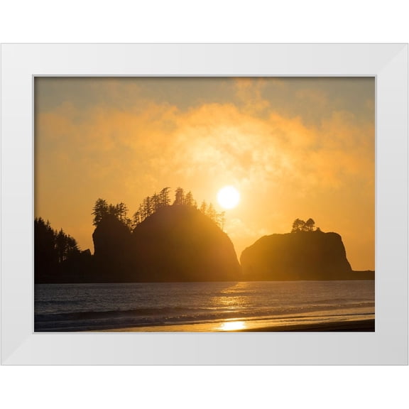 Wild, Jamie and Judy 32x25 White Modern Wood Framed Museum Art Print Titled - Washington State-Pacific Coast-First Beach sunset