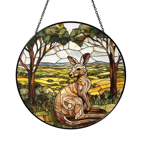 Wild Kangaroo Window Panel with Stained Glass Effect, Decorative Nature Window Decor